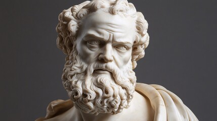 Close up of ancient Greek marble sculpture head. Sculpture, architecture and people concept.
