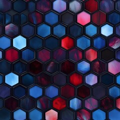  stained glass shiny abstract background, Geometric hexagon pattern wallpaper with a seamless mosaic design in vibrant colors, featuring 3D cube shapes and a textured glass effect
