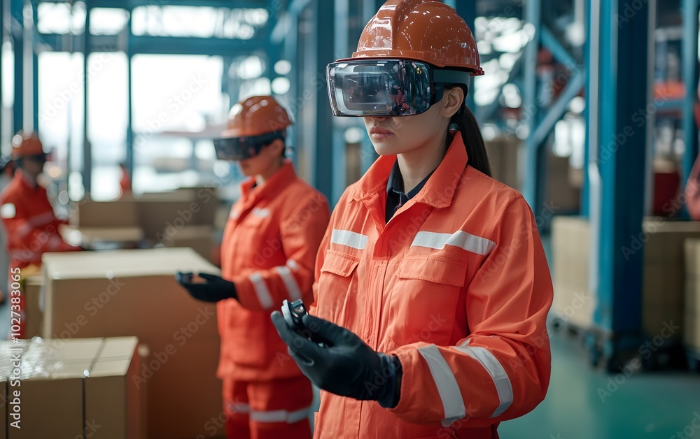 Poster workers in safety gear using augmented reality technology in a warehouse environment for efficient o
