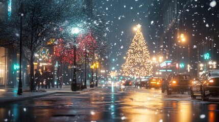 Obraz premium A peaceful Christmas night in the city, snow falling gently with festive lights reflecting on wet streets.