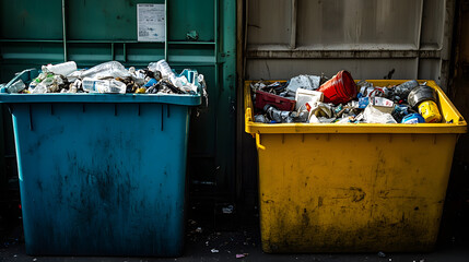 A close-up of a recycling bin next to a garbage bin, both filled with mixed waste