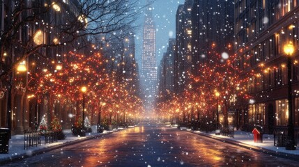 A quiet Christmas evening with light snow falling on city streets illuminated by holiday lights.