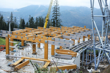 ZAKOPANE, POLAND - SEPTEMBER 29, 2024: Construction of a large observation tower in the mountains.