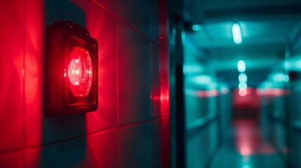 Close up of a red emergency exit alarm highlighting urgent fire evacuation and safety systems