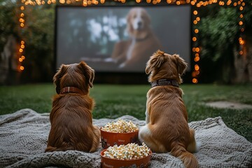 Two dogs enjoying outdoor movie night with popcorn