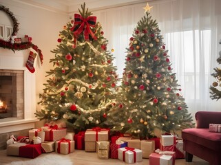 Christmas tree decorated with lights and ornaments, with presents underneath, in a cozy room.