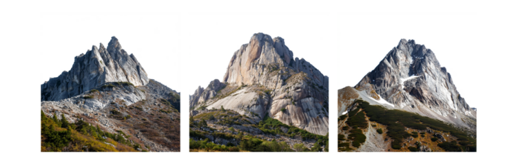 Three rocky peaks are shown against a white background. They have some green shrubs and a small patch of snow.