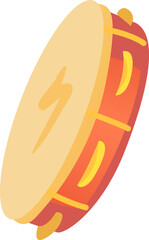 A bright tambourine featuring vibrant red and yellow detailing lies flat against a clean background showcasing its playful design for musical endeavors.