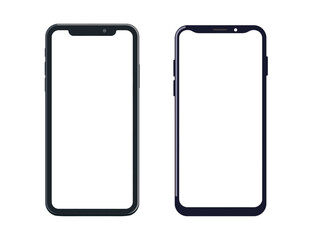 Two smartphones side by side, showing their front views with blank screens. One is black, and the other is dark blue, representing modern mobile technology and communication devices.