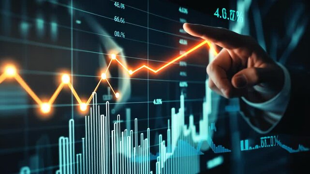 businessman hand point to business graph chart on digital screen