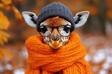 Obraz premium A stylish young giraffe wears glasses and a cozy knitted scarf amidst autumn leaves