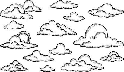 Set of clouds in hand drawn style isolated on white background. Collection of engraving clouds. Black and white vector sketches. Freehand drawn. Vector illustration