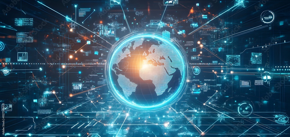 Poster a digital globe surrounded by interconnected data streams, symbolizing global communication and tech
