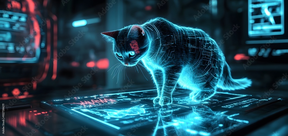 Poster a futuristic cat illuminated in neon blue, interacting with a holographic display in a high-tech env