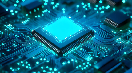 Technology banner background. blue green tech background. abstract futuristic circute illustration, chip or semiconductor in center, concept for furete tech