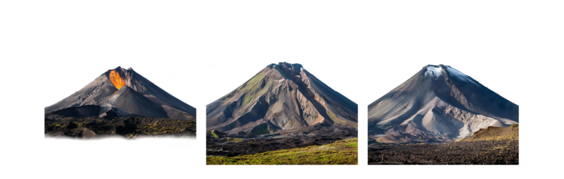 Three volcanic peaks stand tall against a white backdrop, showcasing the changing nature of a volcano.