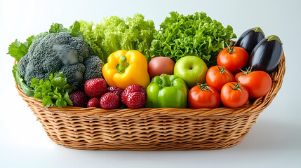 Many different fresh fruits in wicker basket isolated on white