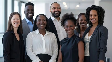A diverse team of corporate professionals smiling and collaborating in a bright office setting 