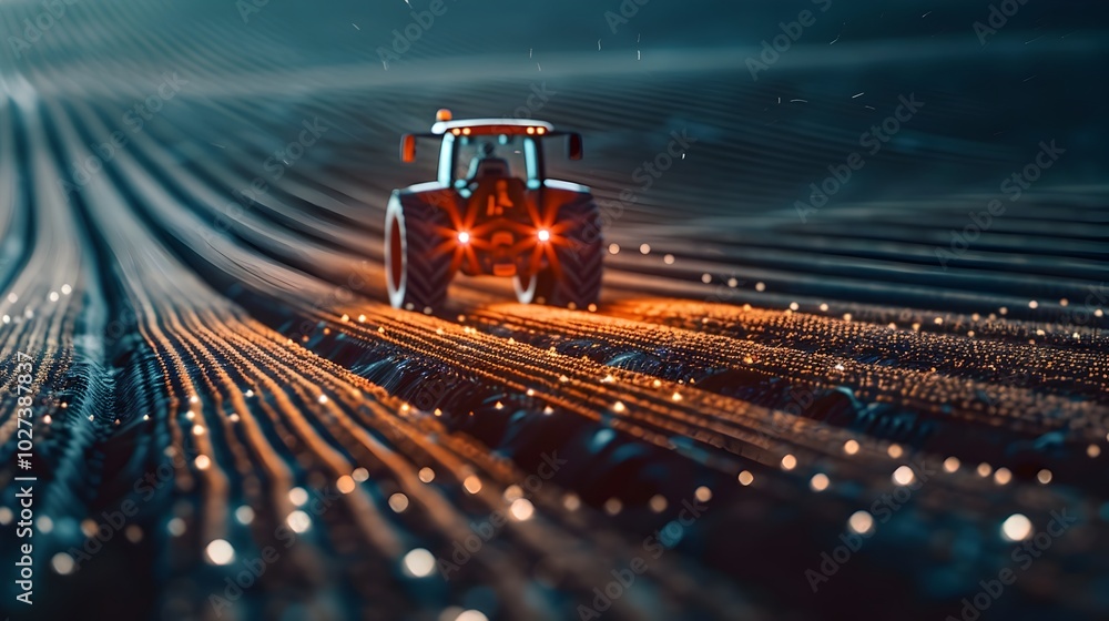 Poster remote controlled tractor precisely planting seeds in perfectly aligned rows symbolizing smart farmi