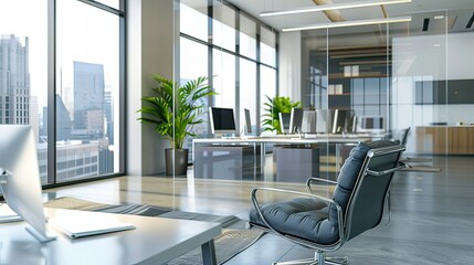 A blurred office interior with modern furniture, ideal for a corporate business background. 