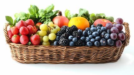 Many different fresh fruits in wicker basket isolated on white