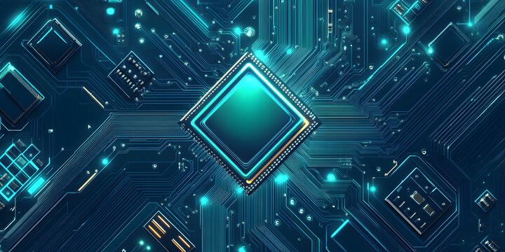Technology banner background. blue green tech background. abstract futuristic circute illustration, chip or semiconductor in center, concept for furete tech