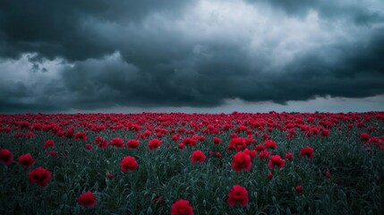 Obraz premium A field of red poppy flowers under a stormy sky