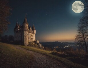 Obraz premium castle on a hill at full moon