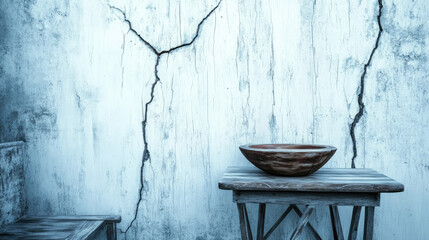 Minimalist White Painted Wood Wall with Oil Painting Texture and Simple Wooden Bowl