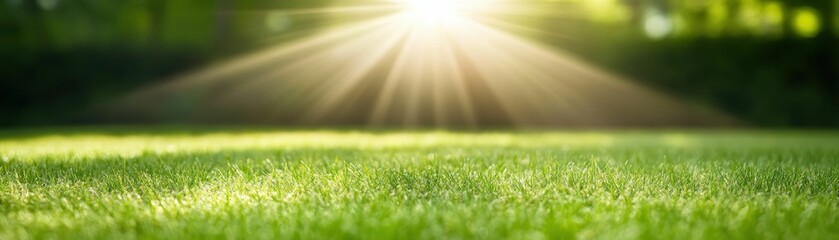 Fototapeta premium A close-up view of sunlight streaming through vibrant green grass in a summer field, creating a bright and cheerful atmosphere..