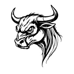Obraz premium Angry bull profile face, facing sideways, hand drawing, isolated on white background, vintage sketch illustration, simple and minimal details, suitable for logo branding, Halloween theme Generative AI