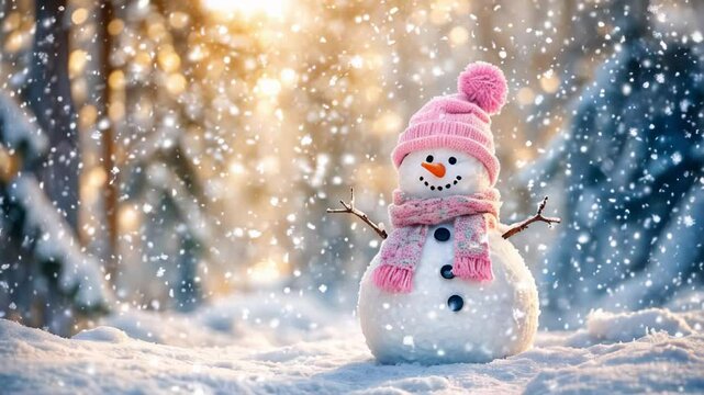 A happy cute Snowman in a pink hat and matching scarf stands in a winter forest, with the snow falling. Merry Christmas and Happy New Year animation.