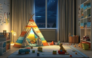 A tranquil children's bedroom at dusk, with a colorful tent in the corner and various toys neatly...