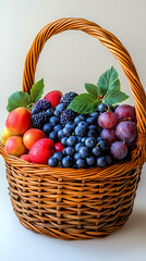 Many different fresh fruits in wicker basket isolated on white