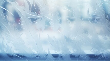 Frosty window with blue and white colors. Frozen glass surface. Icy pattern. Snowflake crystals. Winter background with space for text, design