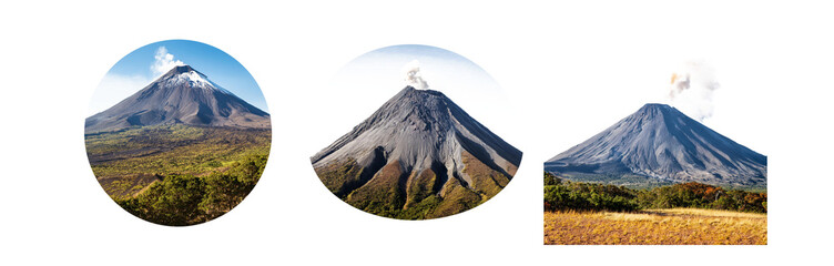 Three volcanoes with smoke plumes rising from their peaks, surrounded by greenery and set against a blue sky.