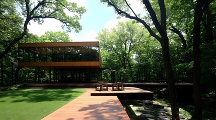 Sleek Solar-Powered Home with Lush Surrounding Trees and Bright Blue Sky