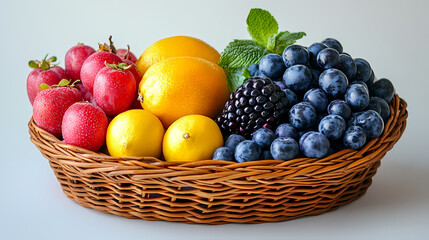 Many different fresh fruits in wicker basket isolated on white