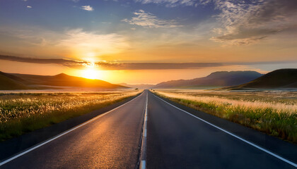Fototapeta premium Straight road at sunrise through open fields 