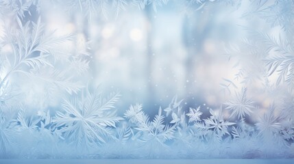 Frosty window with blue and white colors. Frozen glass surface. Icy pattern. Snowflake crystals. Winter background with space for text, design
