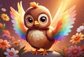Obraz premium A cartoon illustration of a colorful bird surrounded by flowers