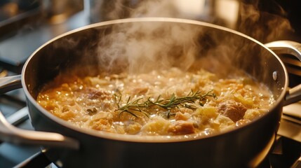 Pot of Choucroute Garnie Cooking on Stove