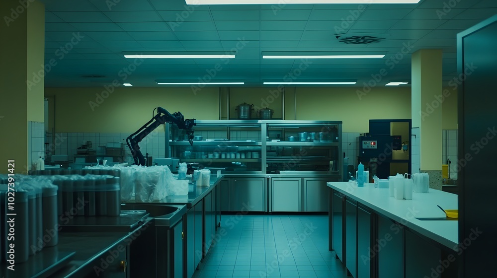 Poster efficient automated industrial factory with robotic production line