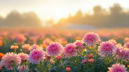 Obraz premium Pink Dahlias in a Field at Sunset