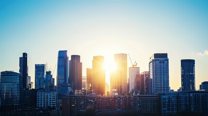 Fototapeta premium City skyline showcasing modern buildings, bathed in warm sunlight with a clear blue sky. 