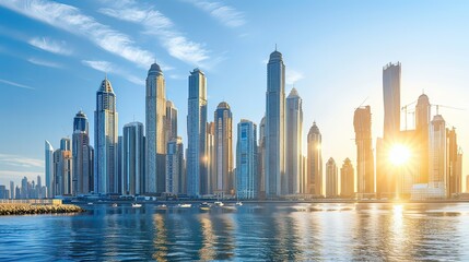 City skyline showcasing modern buildings, bathed in warm sunlight with a clear blue sky. 