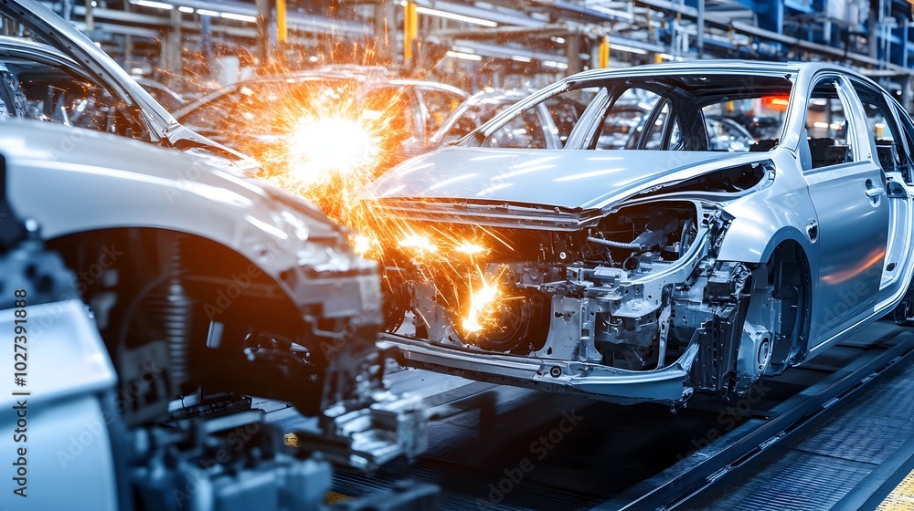 Poster futuristic industrial robotics automating modern production on assembly line