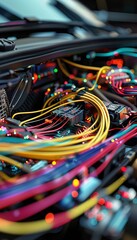 Intricate wiring harness in passenger car interior highlighting modern automotive electrical design