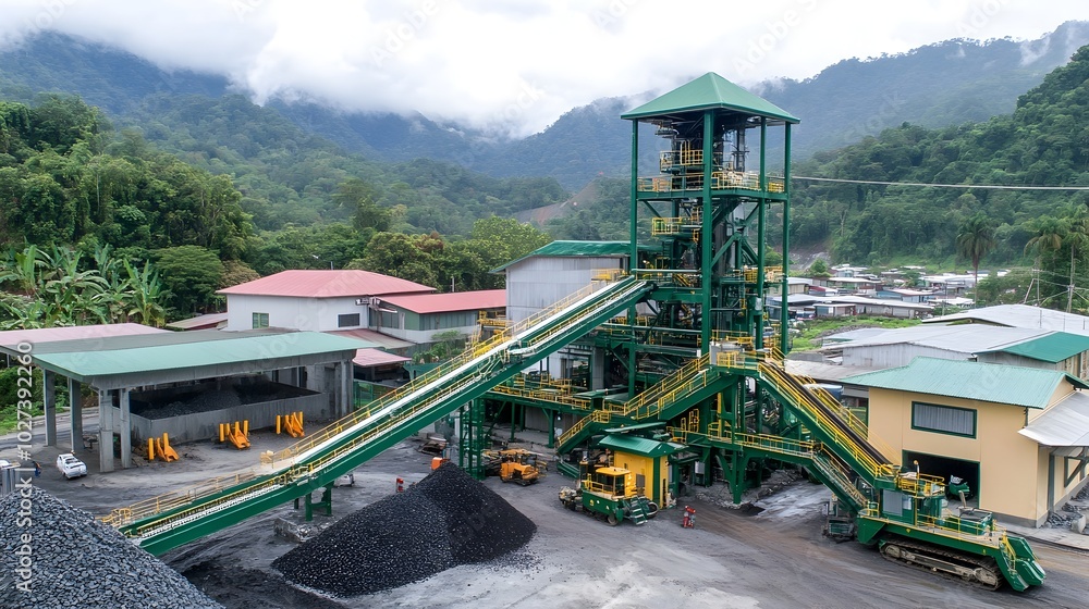 Poster aerial view of expansive coal mining with heavy machinery extracting resources from the earth
