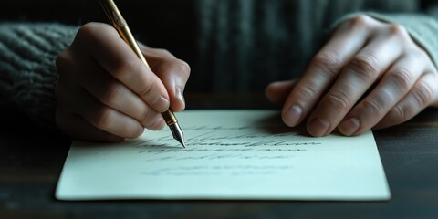 Naklejka premium A close-up view of a person's hands writing a letter with a fountain pen, capturing the essence of personal communication and tradition in a dimly lit setting.